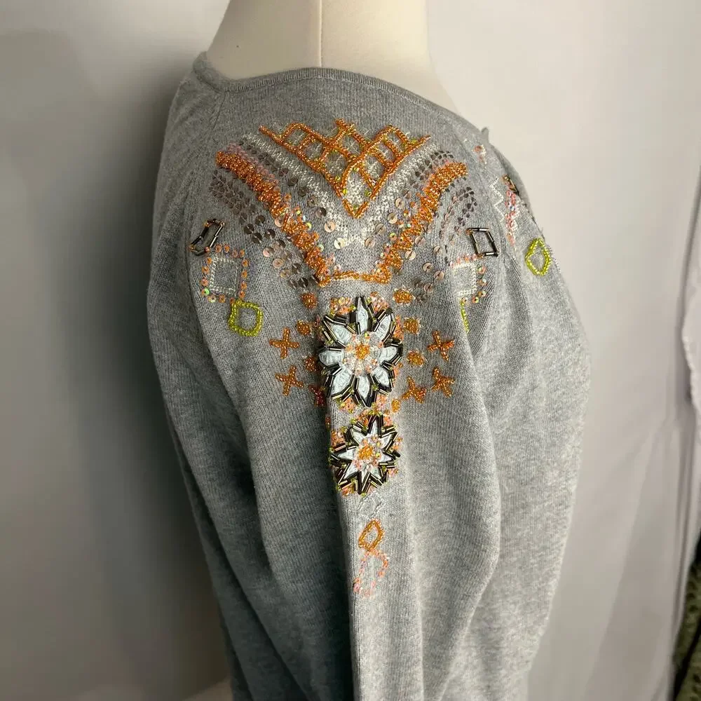 SUNDANCE‎ | Gray Beaded Embroidered Button Up Boho Cotton Cardigan | Women's M
